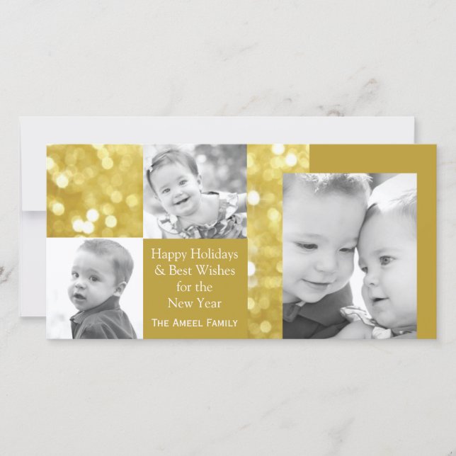 Glittery Gold  | Holiday Three Photo Card (Front)
