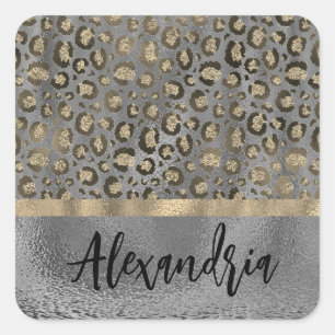 Glittery Gold Leopard Print on Grey Personalised  Square Sticker