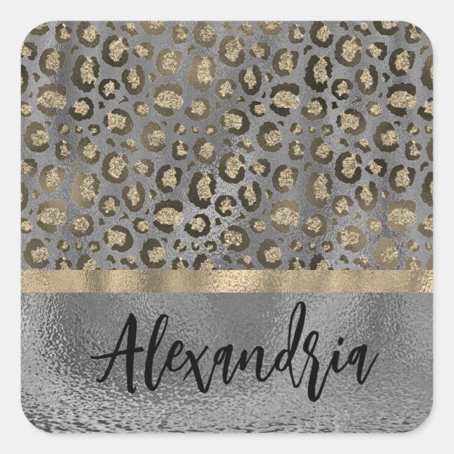 Glittery Gold Leopard Print on Grey Personalised  Square Sticker (Front)