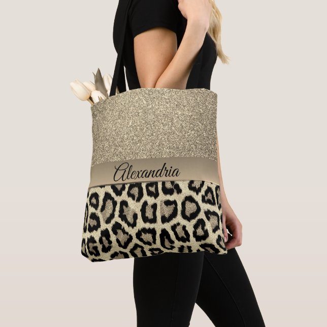 Glittery Gold Leopard Print Personalised Tote Bag (Close Up)