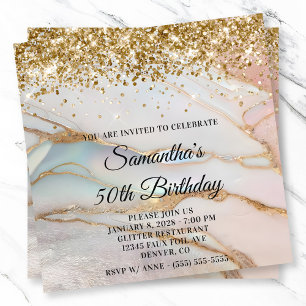 Glittery Gold Marbled Opal 50th Birthday Invitation