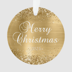 Glittery Gold Merry Christmas Family Photo Ornament