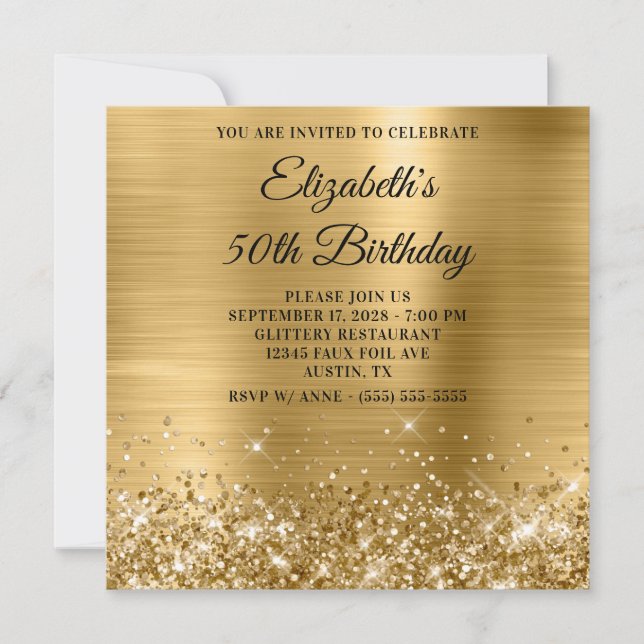 Glittery Gold Metallic 50th Birthday Invitation (Front)