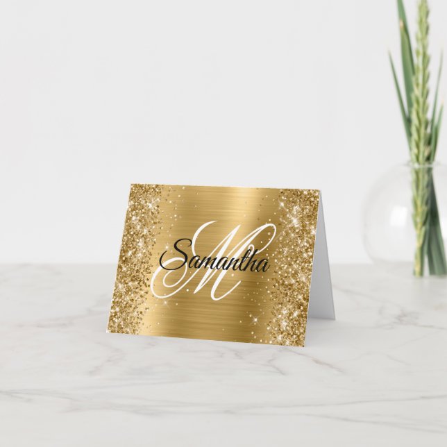 Glittery Gold Metallic Foil Fancy Monogram Card (Front)
