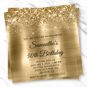 Glittery Gold Metallic Foil Look 50th Birthday Invitation