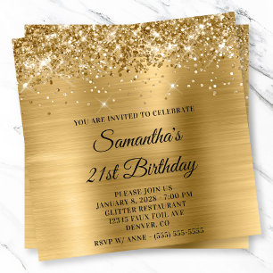Glittery Gold Metallic Look 21st Birthday Invitation