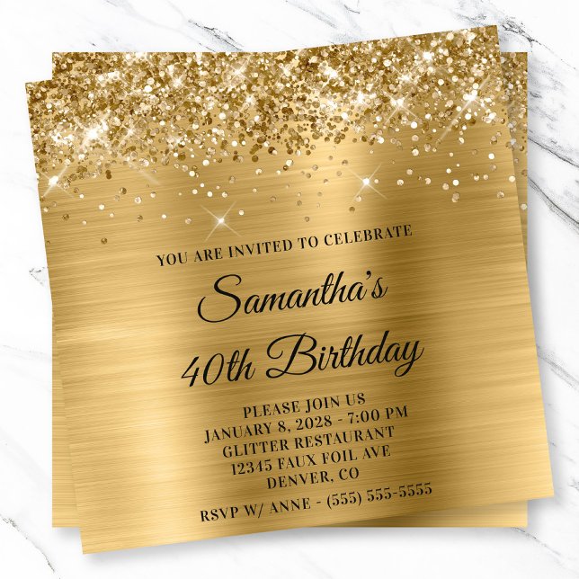 Glittery Gold Metallic Look 40th Birthday Invitation (Glittery Gold Metallic Look 40th Birthday Invitation)