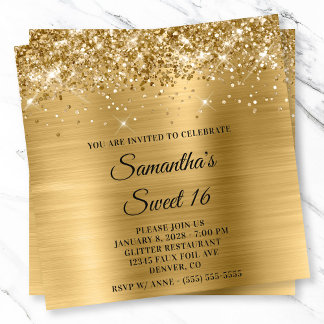 Glittery Gold Metallic Look Sweet 16 Invitation