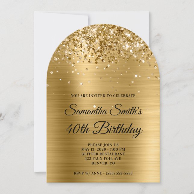 Glittery Gold Metallic Photo 40th Birthday Invitation (Front)