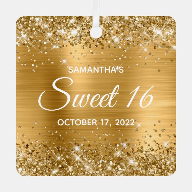 Glittery Gold Ombre Foil Sweet 16 Metal Tree Decoration (Front)