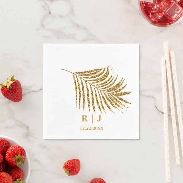 Glittery Gold Palm Leaf Monogram Name Wedding Napkin (Insitu)