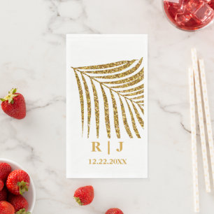 Glittery Gold Palm Leaf Monogram Name Wedding Napkin