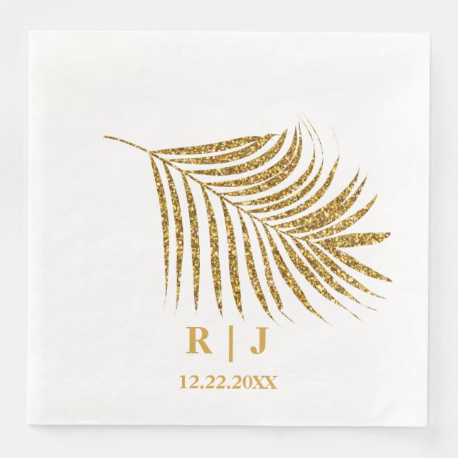 Glittery Gold Palm Leaf Monogram Name Wedding Napkin (Front)