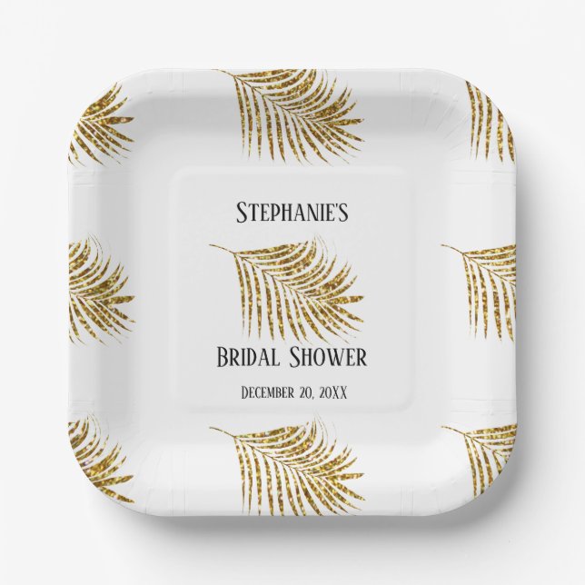 Glittery Gold Palm Tree Leaf Wedding Bridal Shower Paper Plate (Front)