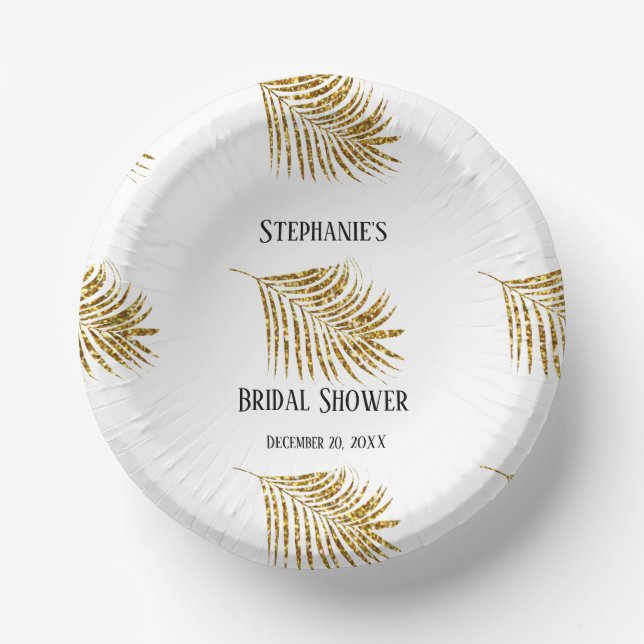 Glittery Gold Palm Tree Leaf Wedding Bridal Shower Paper Plate (Front)