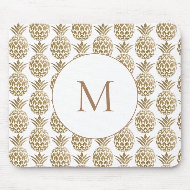Glittery Gold Pineapple Pattern White Monogram Mouse Mat (Front)