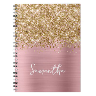Glittery Gold Pink Blush Glam Script Name Notebook