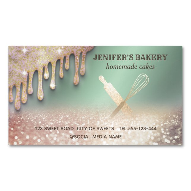 Glittery gold rolling pin whisk chef bakery busine 	Magnetic business card (Front)