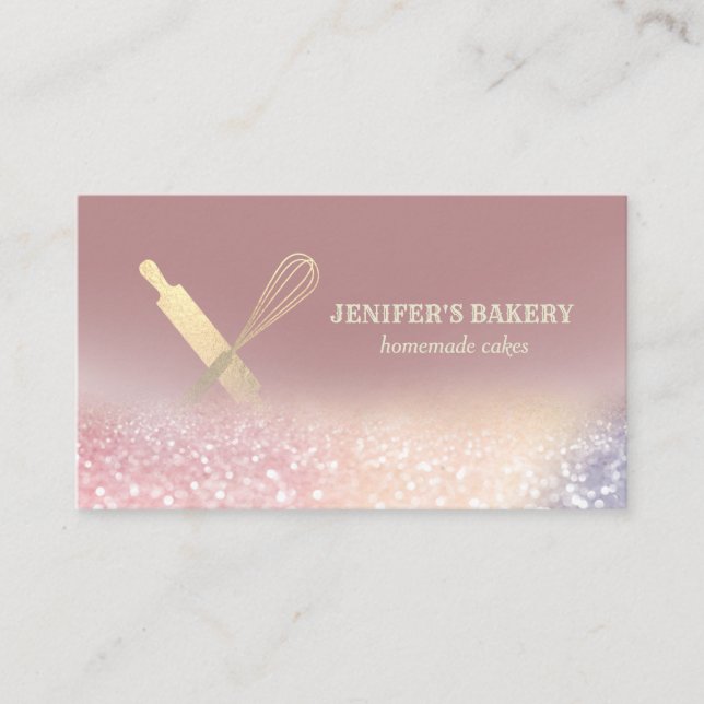 Glittery gold rolling pin whisk chef bakery business card (Front)