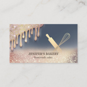 Glittery gold rolling pin whisk chef bakery business card