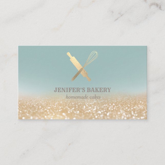 Glittery gold rolling pin whisk chef bakery business card (Front)