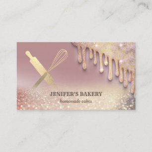 Glittery gold rolling pin whisk chef bakery business card