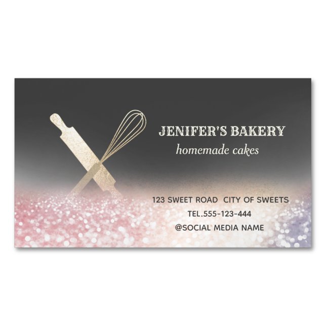Glittery gold rolling pin whisk chef bakery 	Magnetic business card (Front)