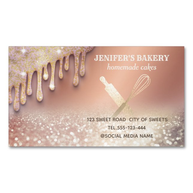 Glittery gold rolling pin whisk chef bakery 	Magnetic business card (Front)