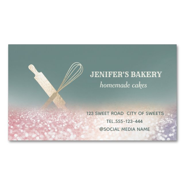 Glittery gold rolling pin whisk chef bakery 	Magnetic business card (Front)