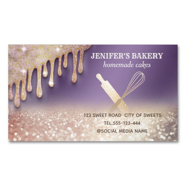 Glittery gold rolling pin whisk chef bakery 	Magnetic business card (Front)