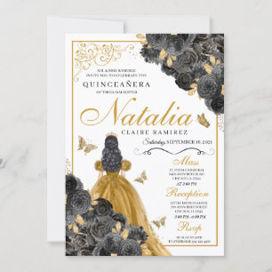 Glittery Gold Roses Butterfly Princess Quinceañera Invitation