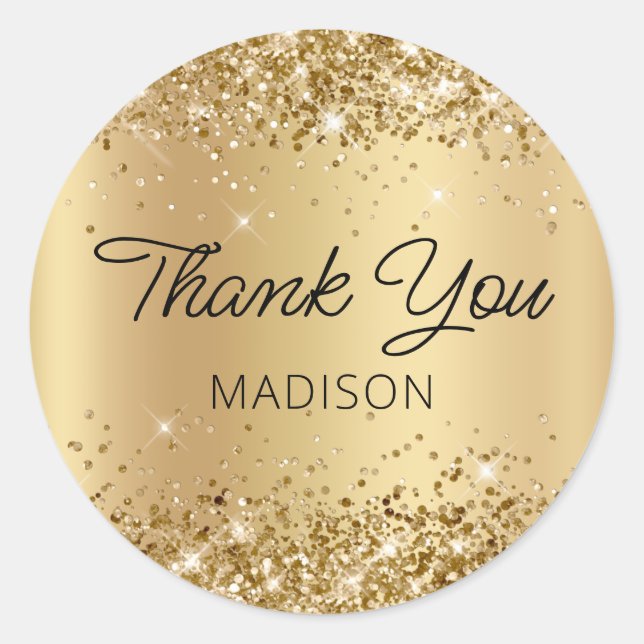 Glittery Gold Shimmer Ombre Thank You Classic Round Sticker (Front)