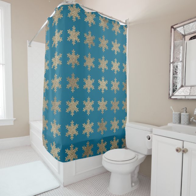 Glittery Gold Snowflake Patterns Deep Ocean Blue Shower Curtain (In Situ)