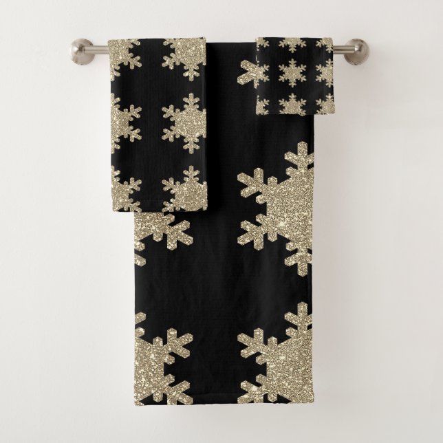 Glittery Gold Snowflakes Patterns Black Cute 2023  Bath Towel Set (Insitu)