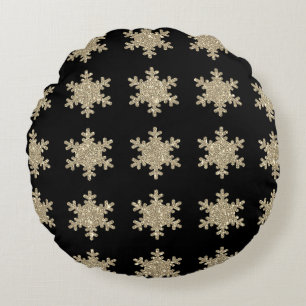 Glittery Gold Snowflakes Patterns Black Cute 2023 Round Cushion