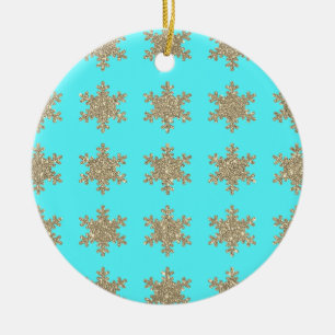 Glittery Gold Snowflakes Patterns Turquoise Blue Ceramic Tree Decoration