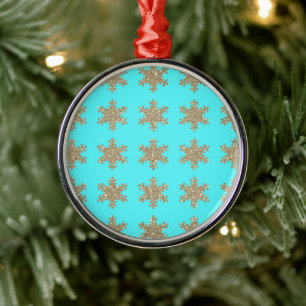 Glittery Gold Snowflakes Patterns Turquoise Blue  Metal Tree Decoration