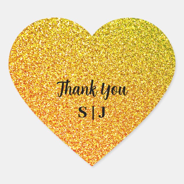 Glittery Gold Sparkle Wedding Monograms Thank You Heart Sticker (Front)