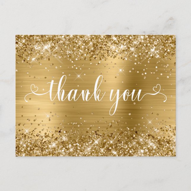 Glittery Gold Sweet 16 Hearts Thank You Postcard (Front)