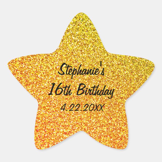 Glittery Gold Sweet Sixteen 16th Birthday Party Star Sticker (Front)
