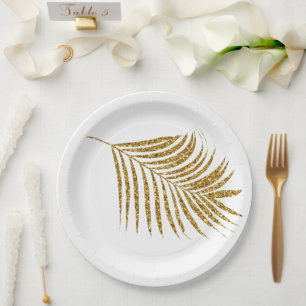 Glittery Gold Tropical Palms Baby Shower Weddings Paper Plate