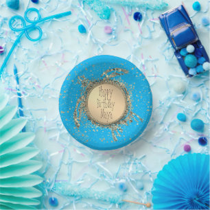 Glittery Gold Turtle on Blue Birthday       Paper Plate