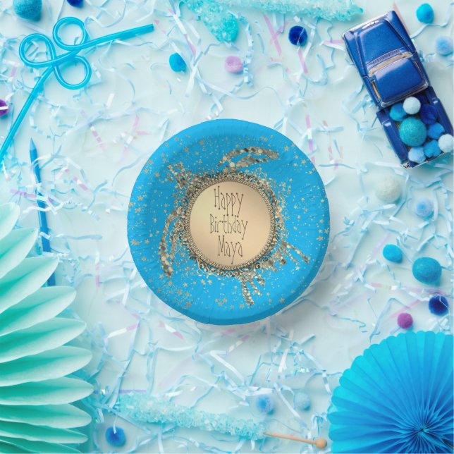 Glittery Gold Turtle on Blue Birthday       Paper Plate (Party)