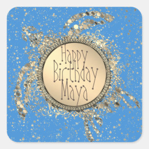 Glittery Gold Turtle on Blue Birthday Square Sticker