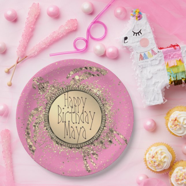 Glittery Gold Turtle on Pink Birthday Paper Plate (Party)