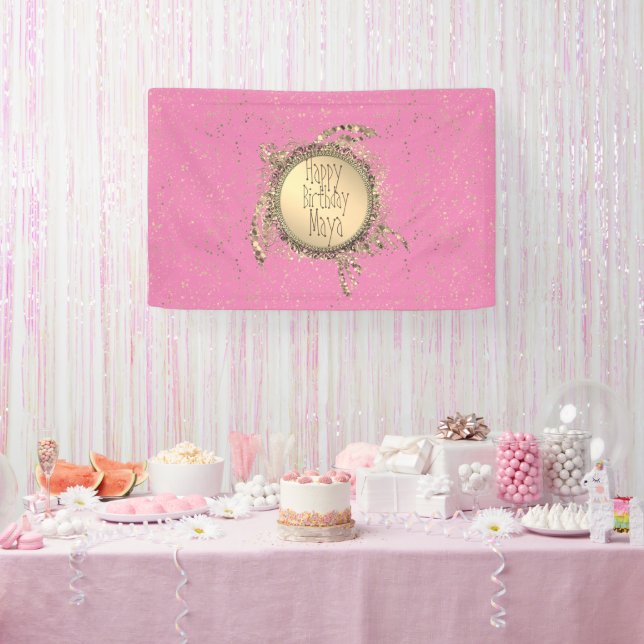 Glittery Gold Turtle on Pink Birthday Personalised Banner (Party)
