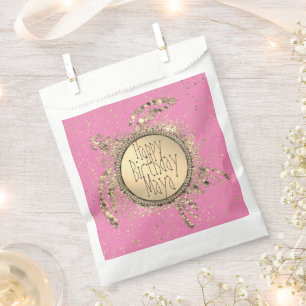 Glittery Gold Turtle on Pink Birthday Personalised Favour Bags