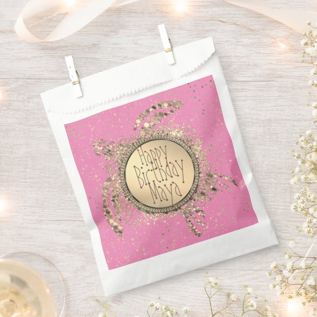 Glittery Gold Turtle on Pink Birthday Personalised Favour Bags (Clipped)