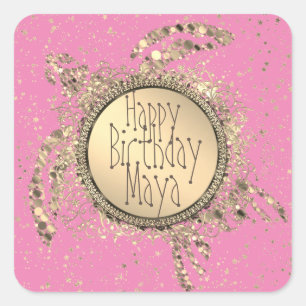 Glittery Gold Turtle on Pink Birthday    Square Sticker