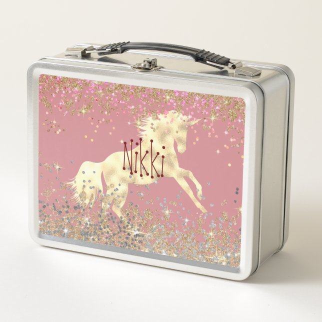 Glittery Gold Unicorn   Metal Lunch Box (Front)